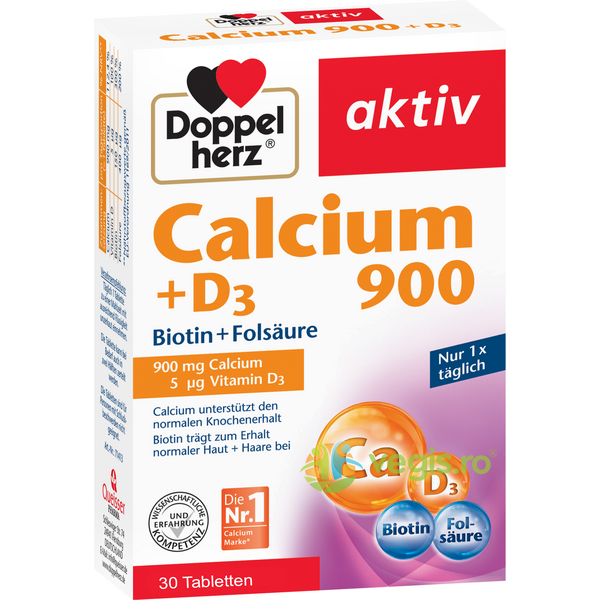 Calciu 900mg + Vitamina D3 + Biotina + Acid Folic Aktiv 30tb, DOPPEL HERZ, Vitamine, Minerale & Multivitamine, 1, Vegis.ro