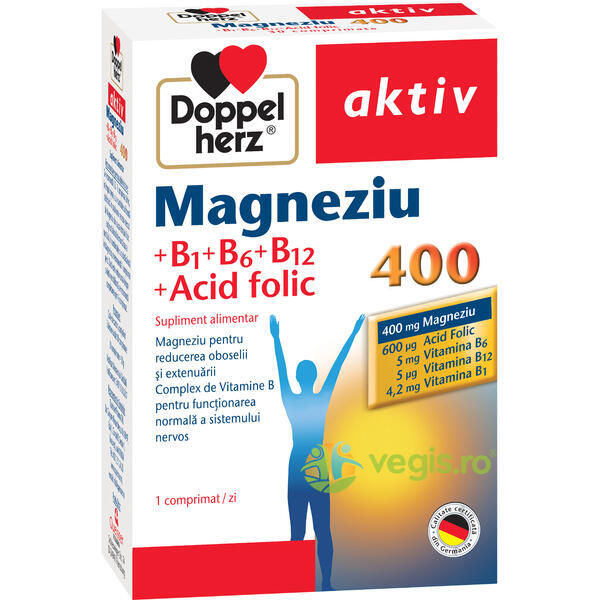 Magneziu 400mg + Vitaminele B1, B6, B12 si Acid Folic Aktiv 30cpr, DOPPEL HERZ, Capsule, Comprimate, 1, Vegis.ro