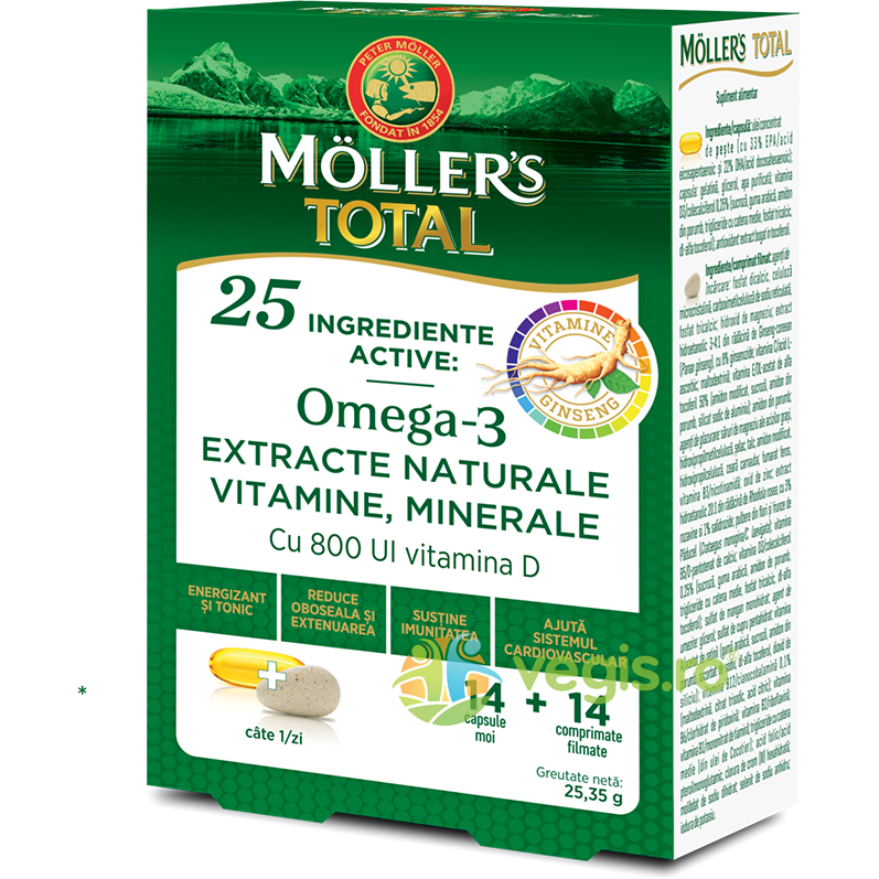Total Omega-3 cu Vitamina D 800U.I 14cps moi + 14cpr filmate 14cpr Capsule, Comprimate