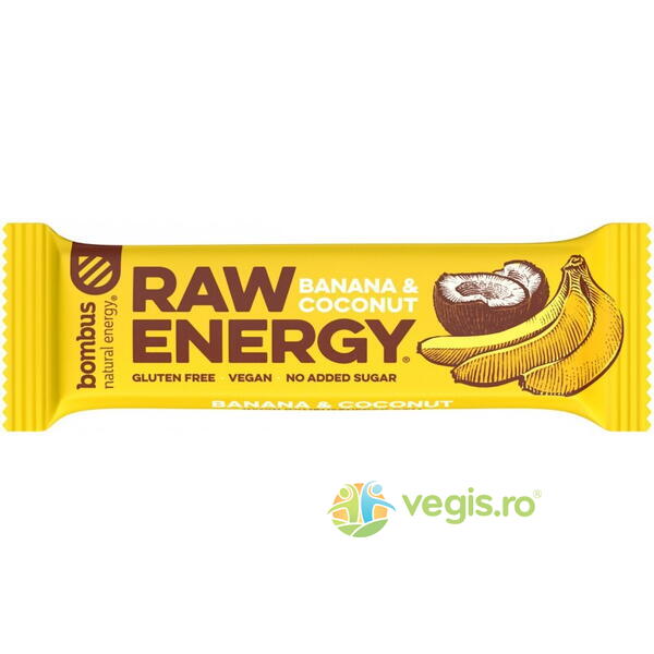 Baton Proteic cu Banane si Nuca de Cocos fara Gluten Raw Energy 50g, BOMBUS, Batoane Proteice, 1, Vegis.ro