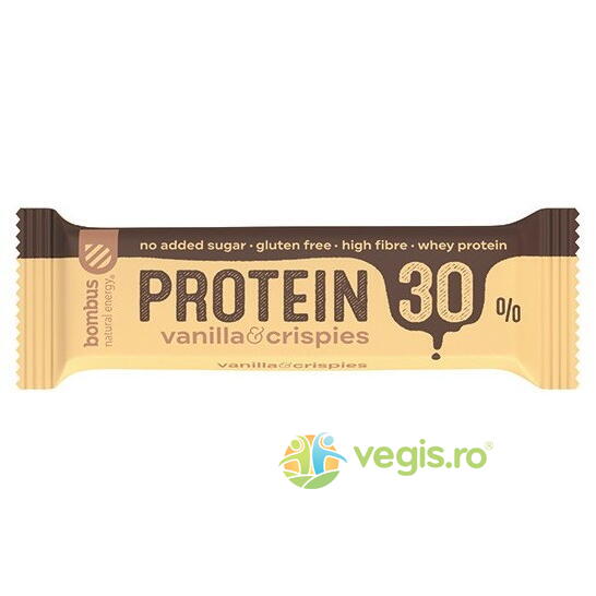 Baton Proteic cu Vanilie si Crispies fara Gluten 30% Proteine 50g, BOMBUS, Batoane Proteice, 1, Vegis.ro