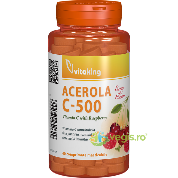 Vitamina C 500mg cu Acerola si Gust de Zmeura 40cpr, VITAKING, Vitamina C, 1, Vegis.ro