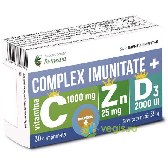 Complex Imunitate Plus Vitamina C +Zn + D3 30cpr, REMEDIA, Capsule, Comprimate, 1, Vegis.ro