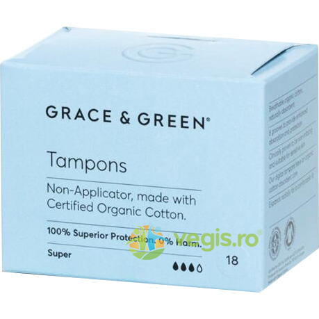 Tampoane fara Aplicator din Bumbac Organic Super 18buc, GRACE AND GREEN, Ingrijire & Igiena Intima, 1, Vegis.ro