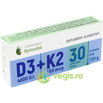 Vitamina D3 4000U.I + K2 150mcg 30cpr, REMEDIA, Vitamine, Minerale & Multivitamine, 1, Vegis.ro