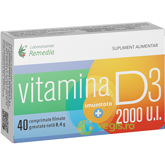 Vitamina D3 2000UI 40cpr, REMEDIA, Vitamine, Minerale & Multivitamine, 1, Vegis.ro