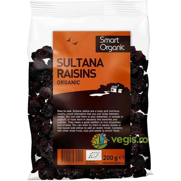 Stafide Sultana Ecologice/Bio 200g, SMART ORGANIC, Fructe uscate, 1, Vegis.ro