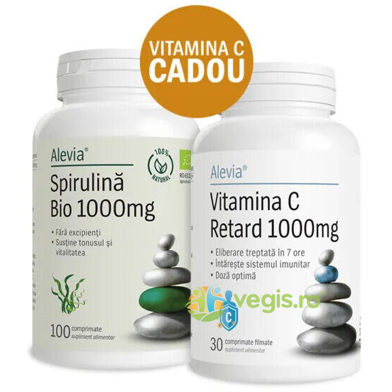 Pachet Spirulina 1000mg Ecologica/Bio 100cps + Vitamina C 1000mg Retard 30cps, ALEVIA, Capsule, Comprimate, 1, Vegis.ro