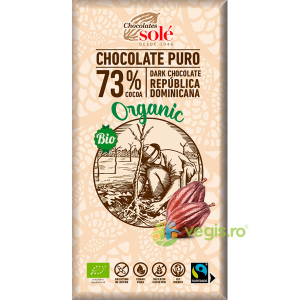 Ciocolata Neagra 73% Cacao fara Gluten Ecologica/Bio 100g, CHOCOLATES SOLE, Ciocolata, 1, Vegis.ro