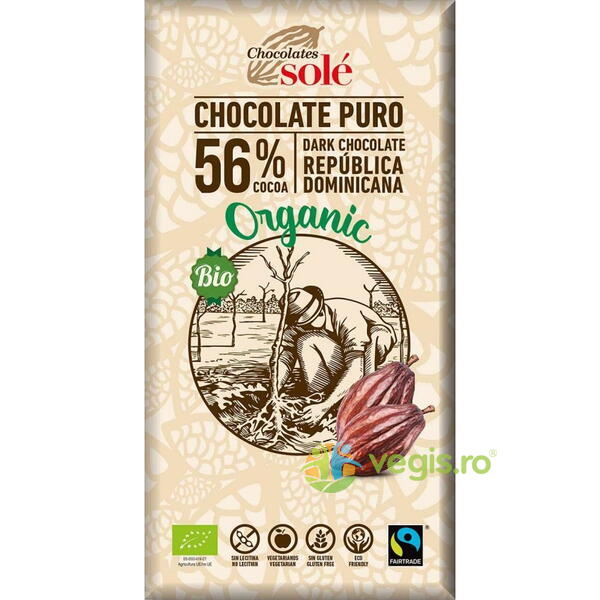 Ciocolata Neagra 56% Cacao fara Gluten Ecologica/Bio 100g, CHOCOLATES SOLE, Ciocolata, 1, Vegis.ro