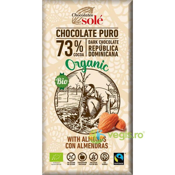 Ciocolata Neagra 73% Cacao cu Migdale fara Gluten Ecologica/Bio 150g, CHOCOLATES SOLE, Ciocolata, 1, Vegis.ro