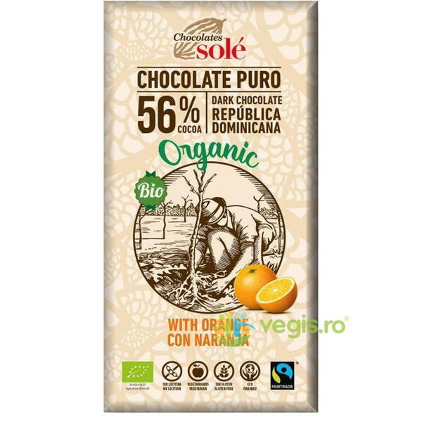 Ciocolata Neagra 56% Cacao cu Portocale fara Gluten Ecologica/Bio 100g, CHOCOLATES SOLE, Ciocolata, 1, Vegis.ro