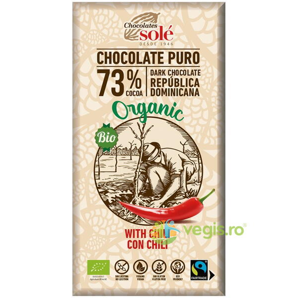 Ciocolata Neagra 73% Cacao cu Chili fara Gluten Ecologica/Bio 100g, CHOCOLATES SOLE, Ciocolata, 1, Vegis.ro