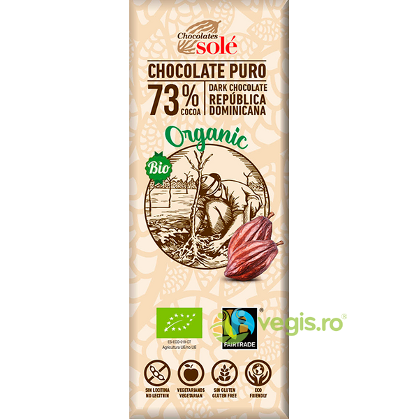 Mini Tableta de Ciocolata Neagra 73% Cacao fara Gluten Ecologica/Bio 25g, CHOCOLATES SOLE, Ciocolata, 1, Vegis.ro