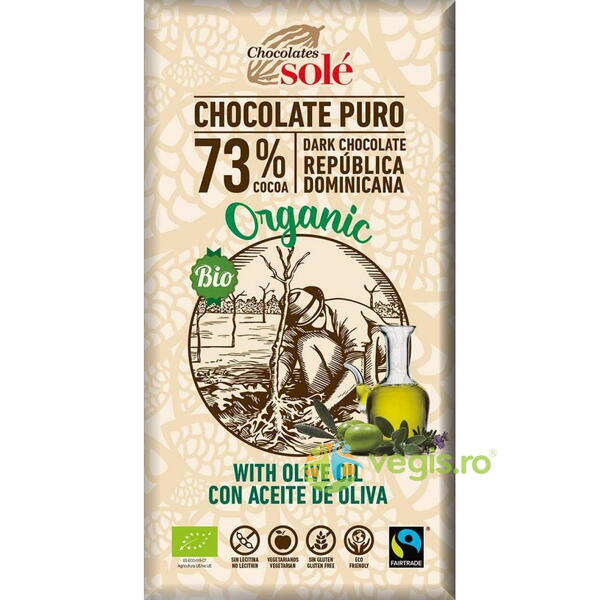 Ciocolata Neagra 73% Cacao cu Ulei Extravirgin de Masline fara Gluten Ecologica/Bio 100g, CHOCOLATES SOLE, Ciocolata, 1, Vegis.ro