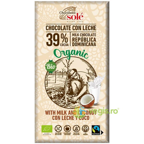 Ciocolata cu Lapte si Cocos fara Gluten Ecologica/Bio 100g, CHOCOLATES SOLE, Ciocolata, 1, Vegis.ro