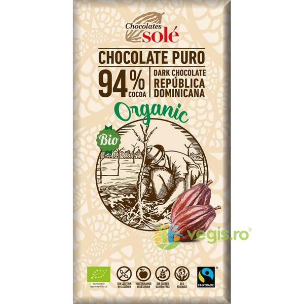 Ciocolata Neagra 94% Cacao fara Gluten Ecologica/Bio 100g, CHOCOLATES SOLE, Ciocolata, 1, Vegis.ro