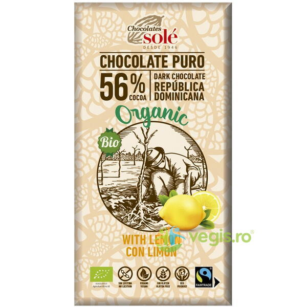 Ciocolata cu Lamaie 56% Cacao fara Gluten Ecologica/Bio 100g, CHOCOLATES SOLE, Ciocolata, 1, Vegis.ro