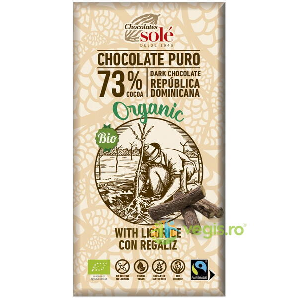 Ciocolata Neagra 73% Cacao cu Lemn Dulce fara Gluten Ecologica/Bio 100g, CHOCOLATES SOLE, Ciocolata, 1, Vegis.ro