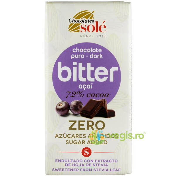Ciocolata Neagra 72% Cacao cu Acai Indulcita cu Stevie Ecologica/Bio 100g, CHOCOLATES SOLE, Ciocolata, 1, Vegis.ro