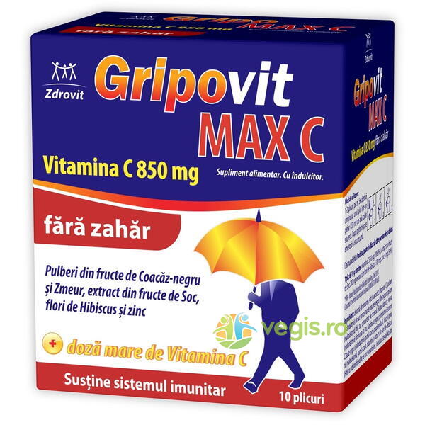 Gripovit Max Vitamina C 850mg fara Zahar 10dz, ZDROVIT, Pulberi & Pudre, 1, Vegis.ro