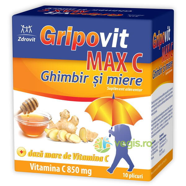 Gripovit Max Vitamina C 850mg cu Ghimbir si Miere 10dz, ZDROVIT, Pulberi & Pudre, 1, Vegis.ro