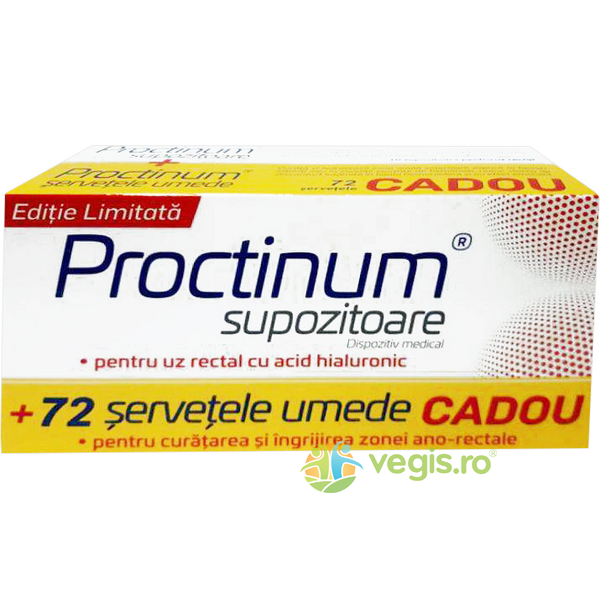Pachet Proctinum Supozitoare cu Acid Hialuronic 10buc + Servetele Hipoalergenice pentru Igiena Ano-Rectala 72buc Cadou, ZDROVIT, Supozitoare, 1, Vegis.ro