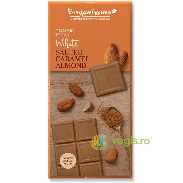 Ciocolata Alba cu Migdale si Caramel Sarat Ecologica/Bio 70g, BENJAMISSIMO, Ciocolata, 1, Vegis.ro