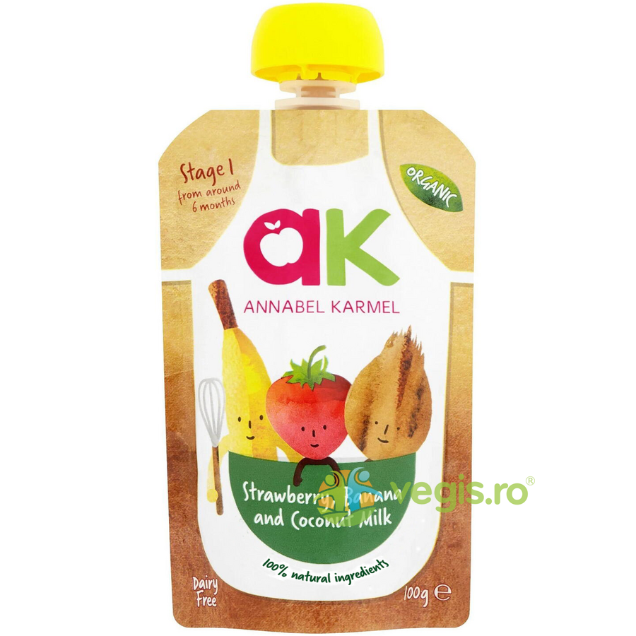 Piure pentru Copii cu Capsuni, Banane si Lapte de Cocos Ecologic/Bio 100g 100g| Alimente Naturale Copii