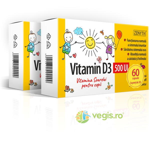 Pachet Vitamina D3 pentru Copii 500UI 60cps la pret de 30cps, ZENYTH PHARMA, Capsule, Comprimate, 1, Vegis.ro
