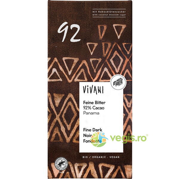 Ciocolata Amaruie 92% Cacao cu Zahar de Cocos Ecologica/Bio 80g, VIVANI, Ciocolata, 1, Vegis.ro