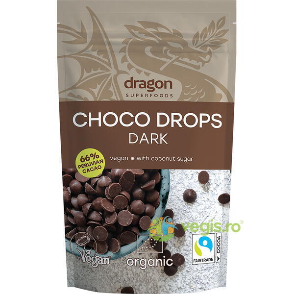 Picaturi de Ciocolata Neagra (Choco Drops) Ecologice/Bio 200g, DRAGON SUPERFOODS, Dulciuri & Indulcitori Naturali, 1, Vegis.ro