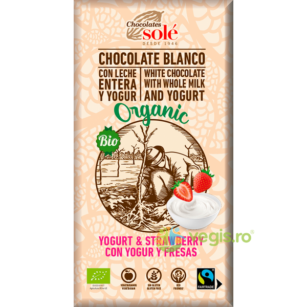Ciocolata Alba cu Iaurt si Capsuni Ecologica/Bio 100g, CHOCOLATES SOLE, Ciocolata, 1, Vegis.ro