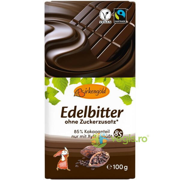 Ciocolata Neagra 85% Cacao Indulcita cu Xylitol fara Zahar 100g, BIRKENGOLD, Ciocolata, 1, Vegis.ro