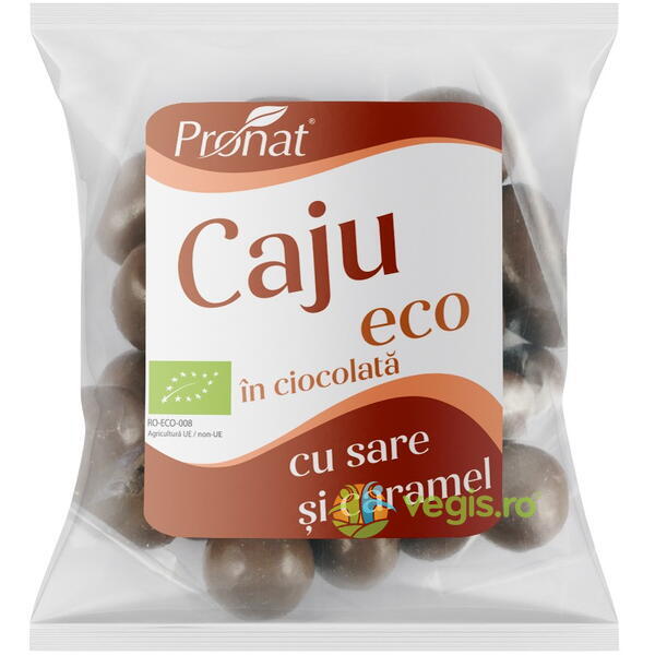 Nuci Caju Glazurate in Ciocolata cu Lapte si Aroma de Caramel Sarat Ecologice/Bio 50g, PRONAT, Nuci, Seminte, 1, Vegis.ro