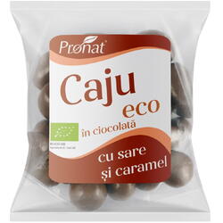 Nuci Caju Glazurate in Ciocolata cu Lapte si Aroma de Caramel Sarat Ecologice/Bio 50g PRONAT