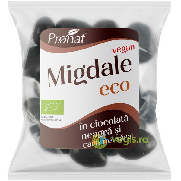 Migdale Prajite, Sarate si Glazurate in Ciocolata Neagra si Caramel Sarat Ecologice/Bio 50g, PRONAT, Nuci, Seminte, 1, Vegis.ro