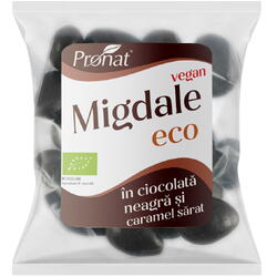 Migdale Prajite, Sarate si Glazurate in Ciocolata Neagra si Caramel Sarat Ecologice/Bio 50g PRONAT