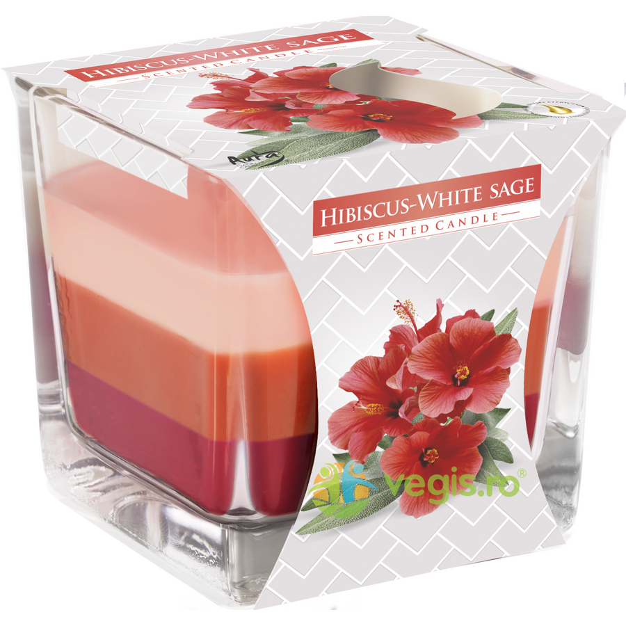 Lumanare Parfumata in Pahar Trei Culori cu Aroma de Hibiscus si Salvie Alba BISPOL