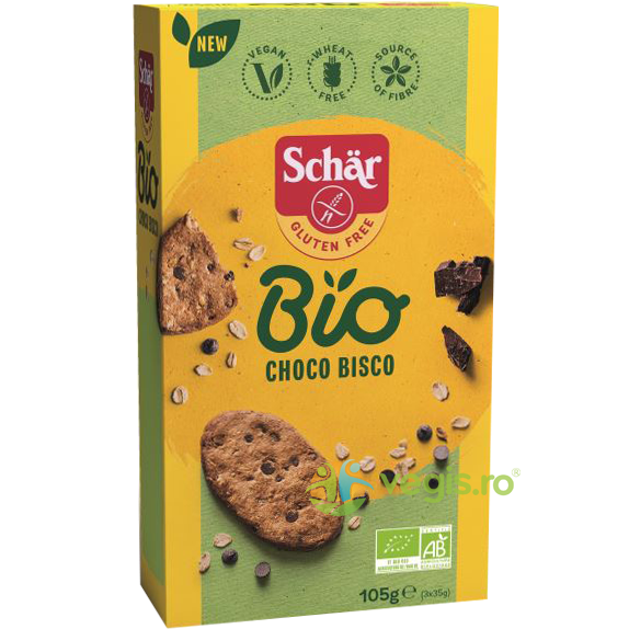 Cookies cu Ovaz si Ciocolata fara Gluten Ecologici/Bio Choco Bisco 105g, Schar, Gustari, Saratele, 1, Vegis.ro