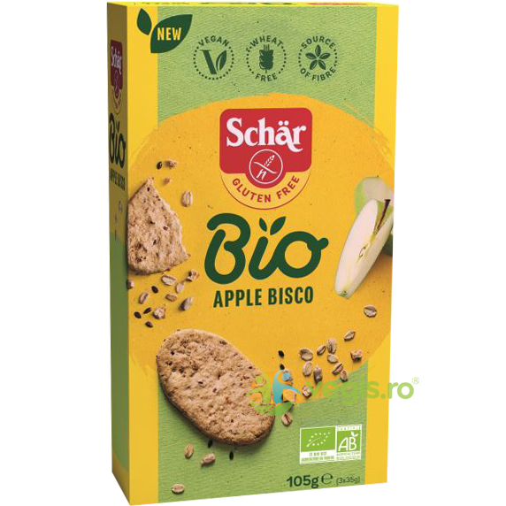 Cookies cu Ovaz si Mar fara Gluten Ecologici/Bio Apple Bisco 105g, Schar, Gustari, Saratele, 1, Vegis.ro