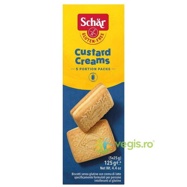 Biscuiti cu Crema de Vanilie fara Gluten - Custard Creams 125g, Schar, Gustari, Saratele, 5, Vegis.ro