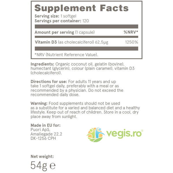 Vitamina D3 2500UI 120cps, PUORI, Capsule, Comprimate, 2, Vegis.ro