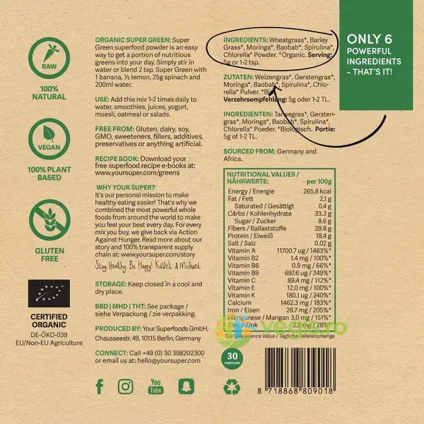 Super Green Organic Superfood Mix Ecologic/Bio 150g, YOUR SUPER, Pulberi & Pudre, 4, Vegis.ro