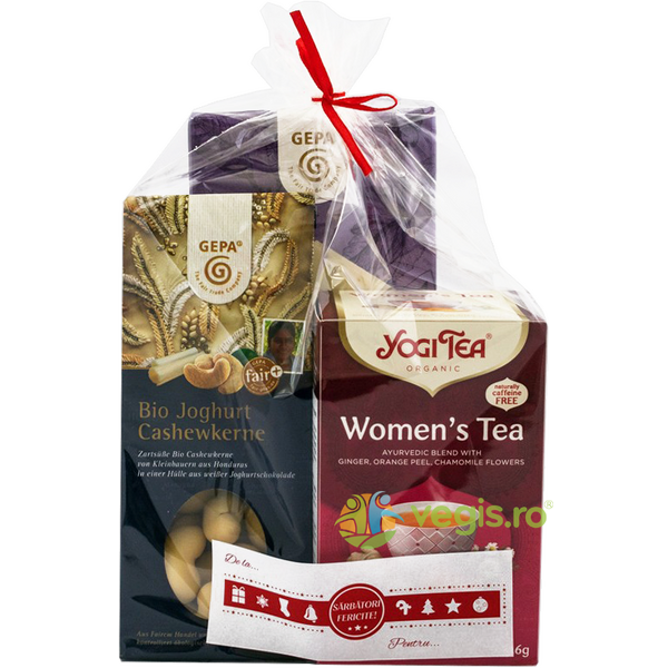 Set Cadou: Ceai pentru Femei (Women's Tea) Ecologic/Bio 17dz YOGI TEA + Caju Glazurat cu Ciocolata Alba 100g GEPA + Ciocolata Alba cu Migdale Sarate si Coacaze Ecologica/Bio 100g GEPA, PRONAT, Pachete Alimentare, 4, Vegis.ro