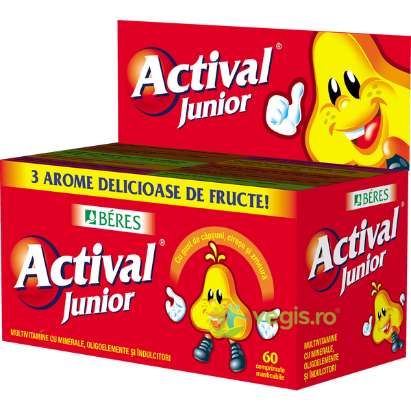 Actival Junior cu Aroma de Capsuni, Cirese si Zmeura 60cpr masticabile, BERES, Vitamine, Minerale & Multivitamine, 1, Vegis.ro