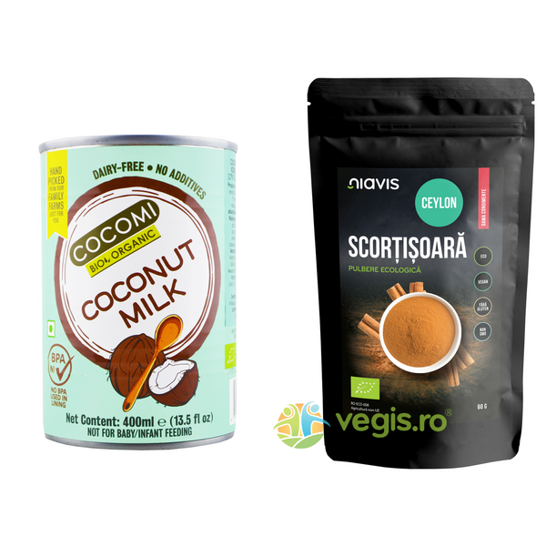 Pachet Lapte de Cocos 17% Grasime Ecologic/Bio 400ml Cocomi + Scortisoara Ceylon Pulbere Ecologica/Bio 60g Niavis, EXCLUSIV, Pachete Alimentare, 1, Vegis.ro