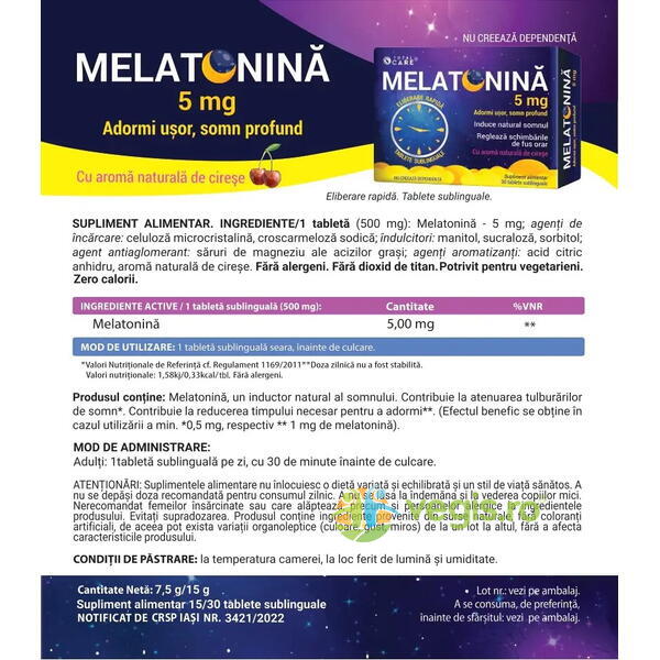 Melatonina 5mg Total Care 30tb sublinguale, COSMOPHARM, Capsule, Comprimate, 2, Vegis.ro