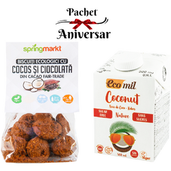 Pachet Biscuiti cu Ciocolata Fair-Trade si Cocos Ecologici/Bio 100g Springmarkt  + Bautura Vegetala (Lapte) de Cocos Natur fara Zahar Ecologic/Bio 500ml Ecomil VEGIS
