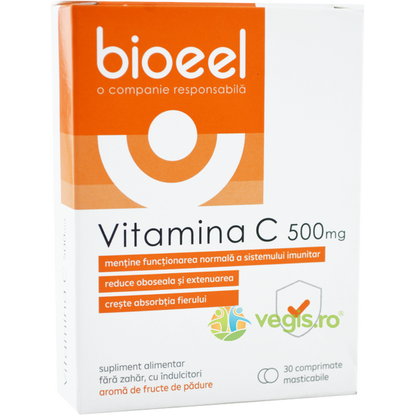 Vitamina C 500mg cu Aroma de Fructe de Padure fara Zahar 30cpr masticabile, BIOEEL, Vitamina C, 1, Vegis.ro